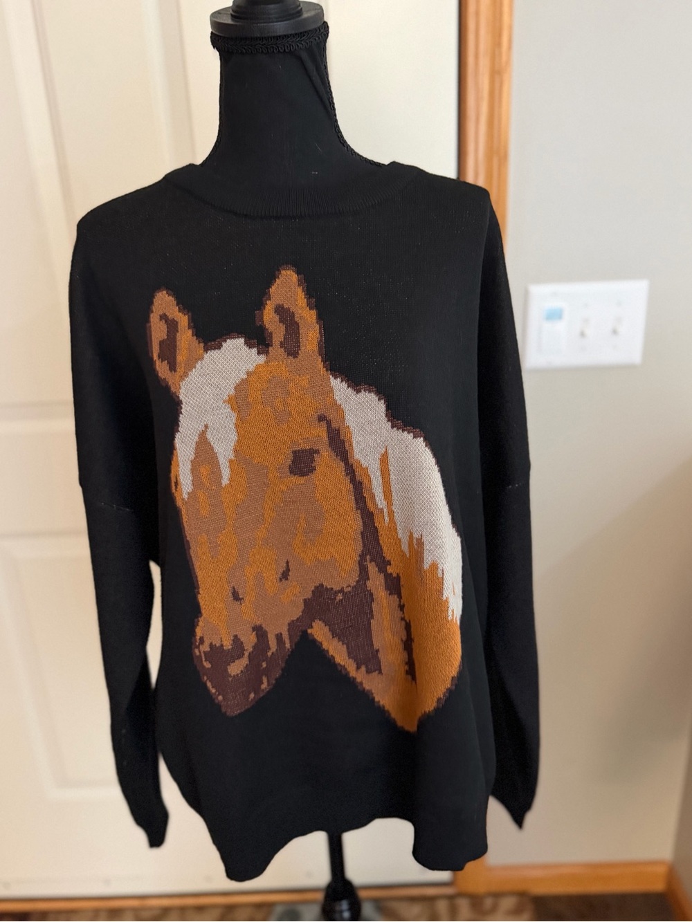 Two 2 Fly black with Palomino horse cotton blend oversize crew neck sweater L/XL
